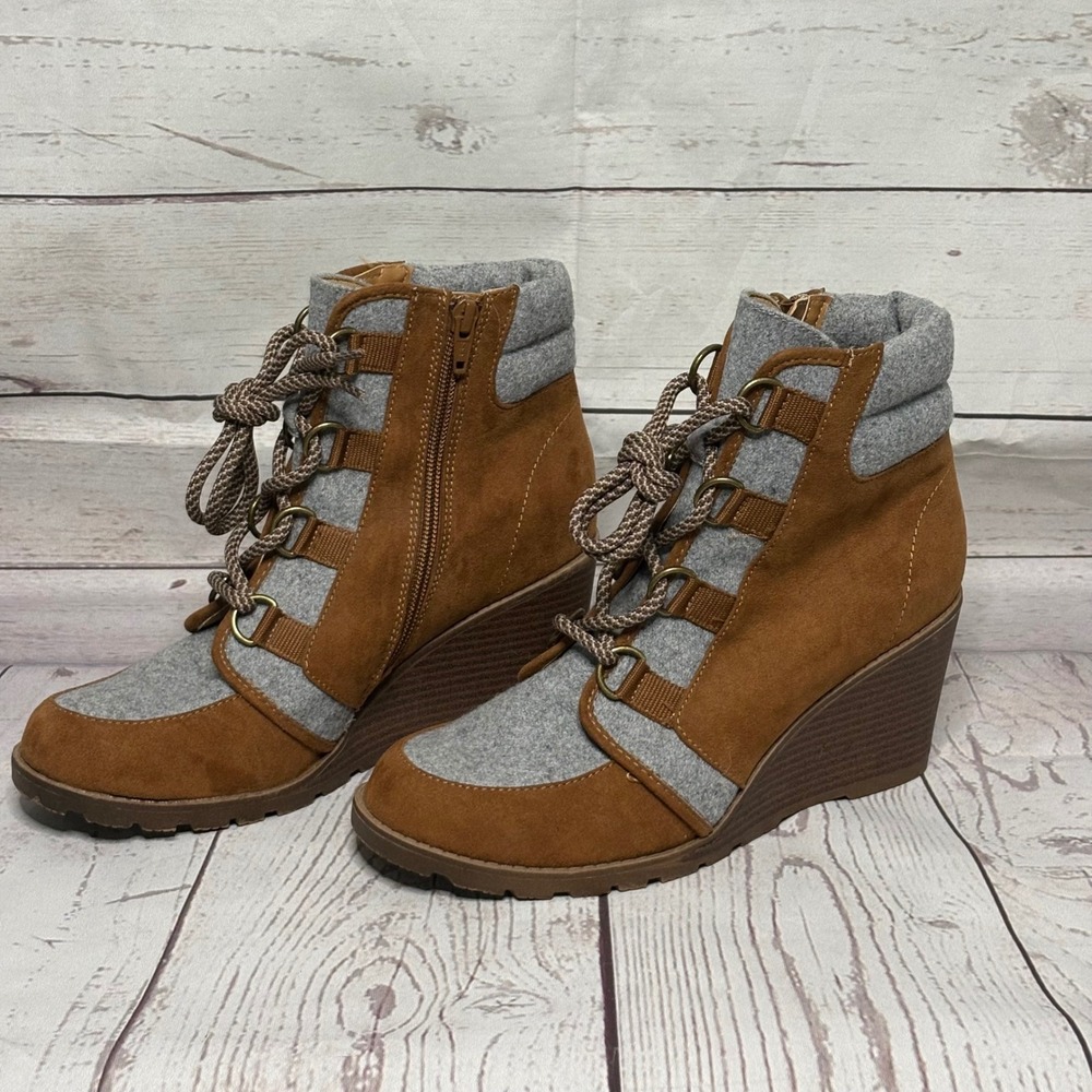 Falls‎ Creek Brown Faux Suede Grey Felt Lace Up Wedge Ankle Boots Womens 8M